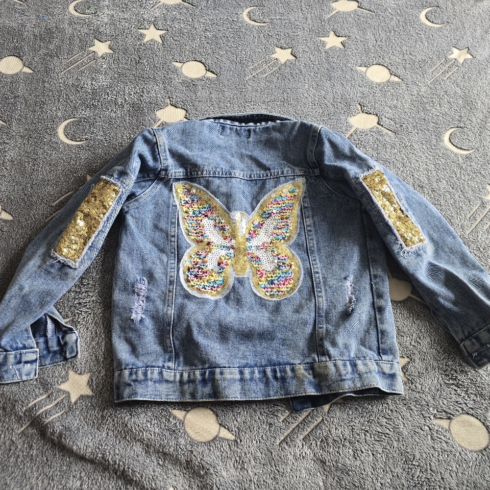 Kids Denim Jacket with Gold Sequin Butterfly